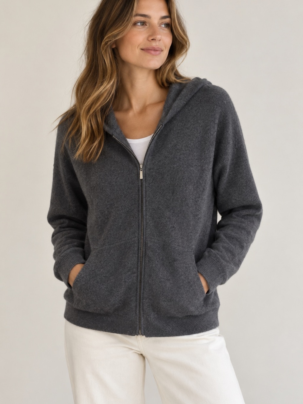 Easy Spirit Vintage Cashmere Zip-Front Hooded Sweater